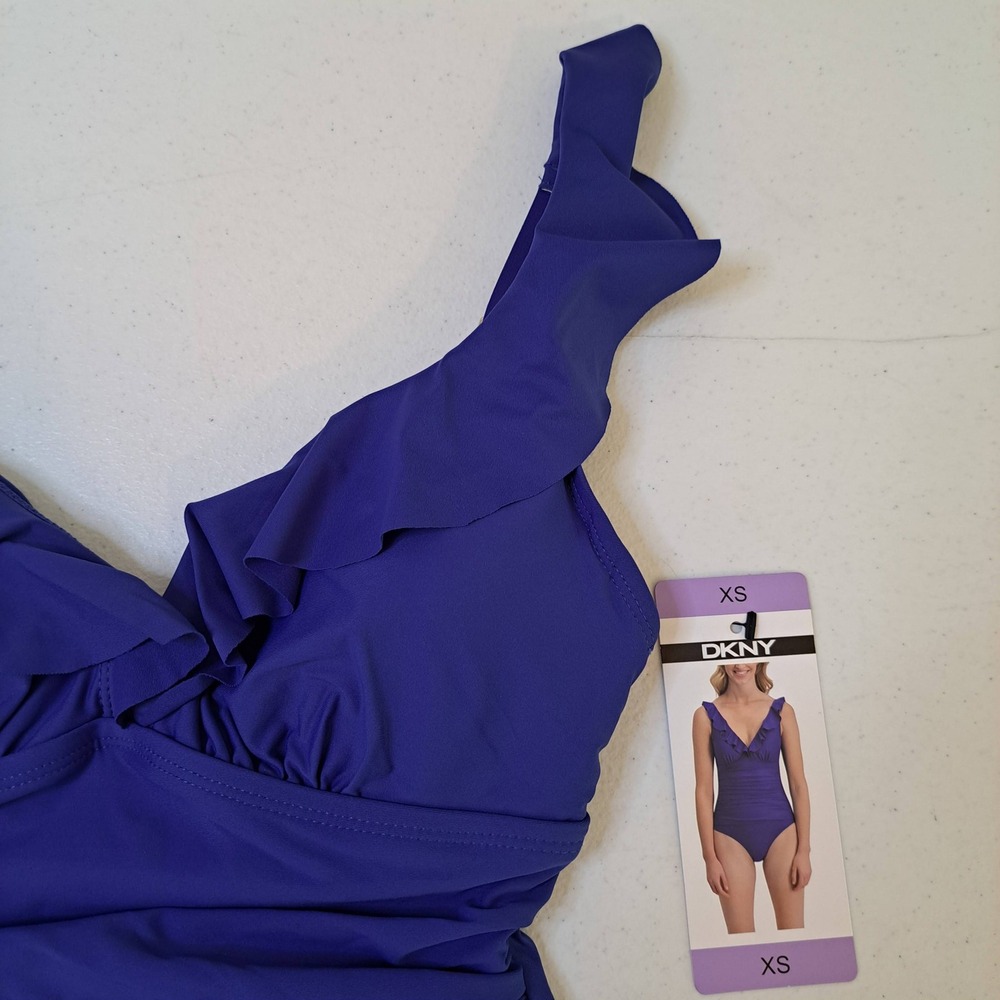 DKNY One Piece Swimsuit Womens XS Blue NWT Ruffle Ruched 1594-280 - Picture 3 of 9
